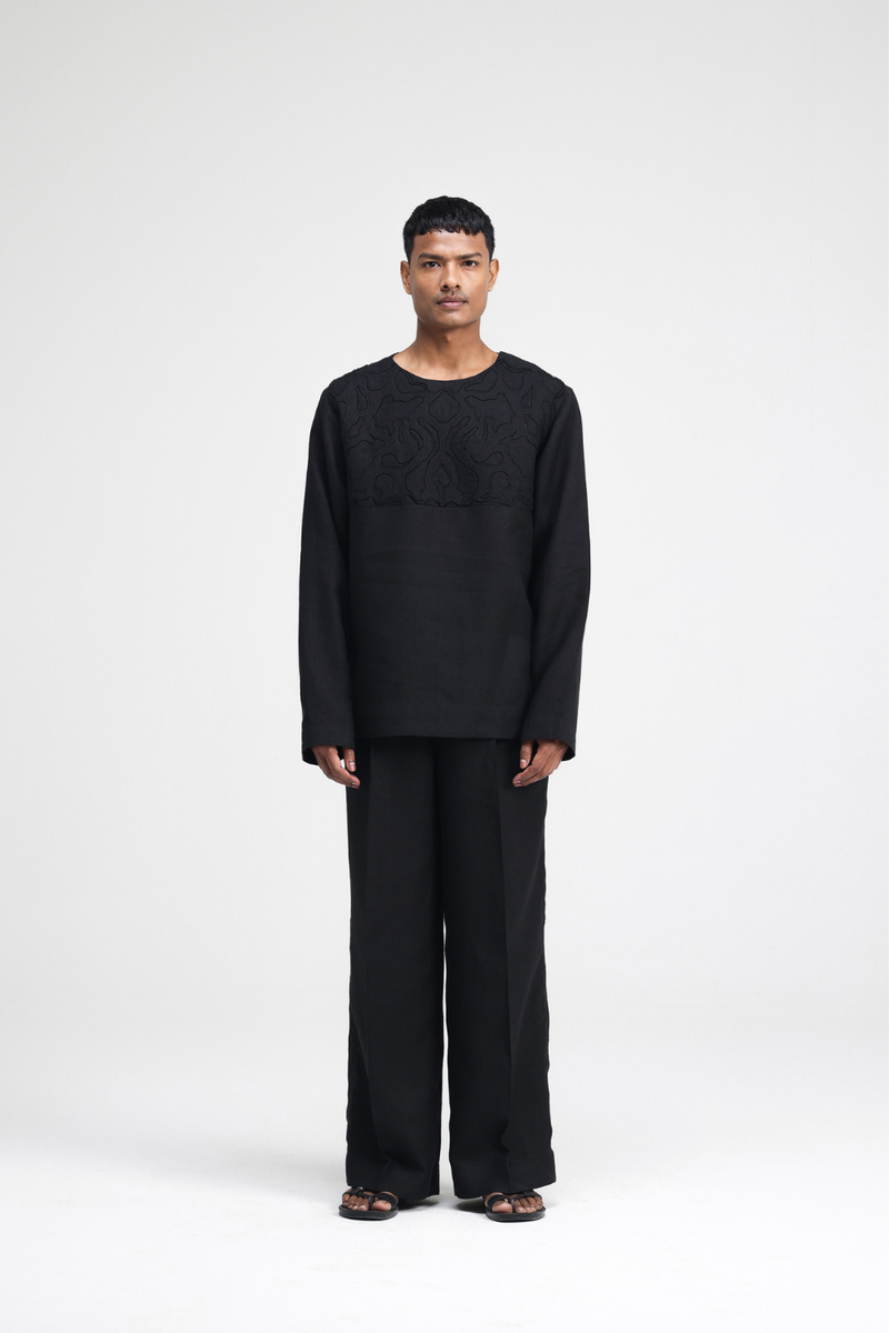 Saril Hand-Embroidered Top linen by Turn Black in black color for men Worldwide