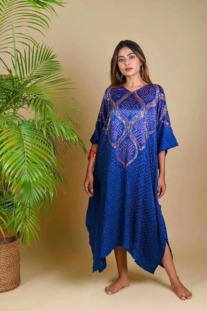 WAVE SEQUENCE KAFTAN-BLUE silk by Dyelogue in blue color for women Worldwide
