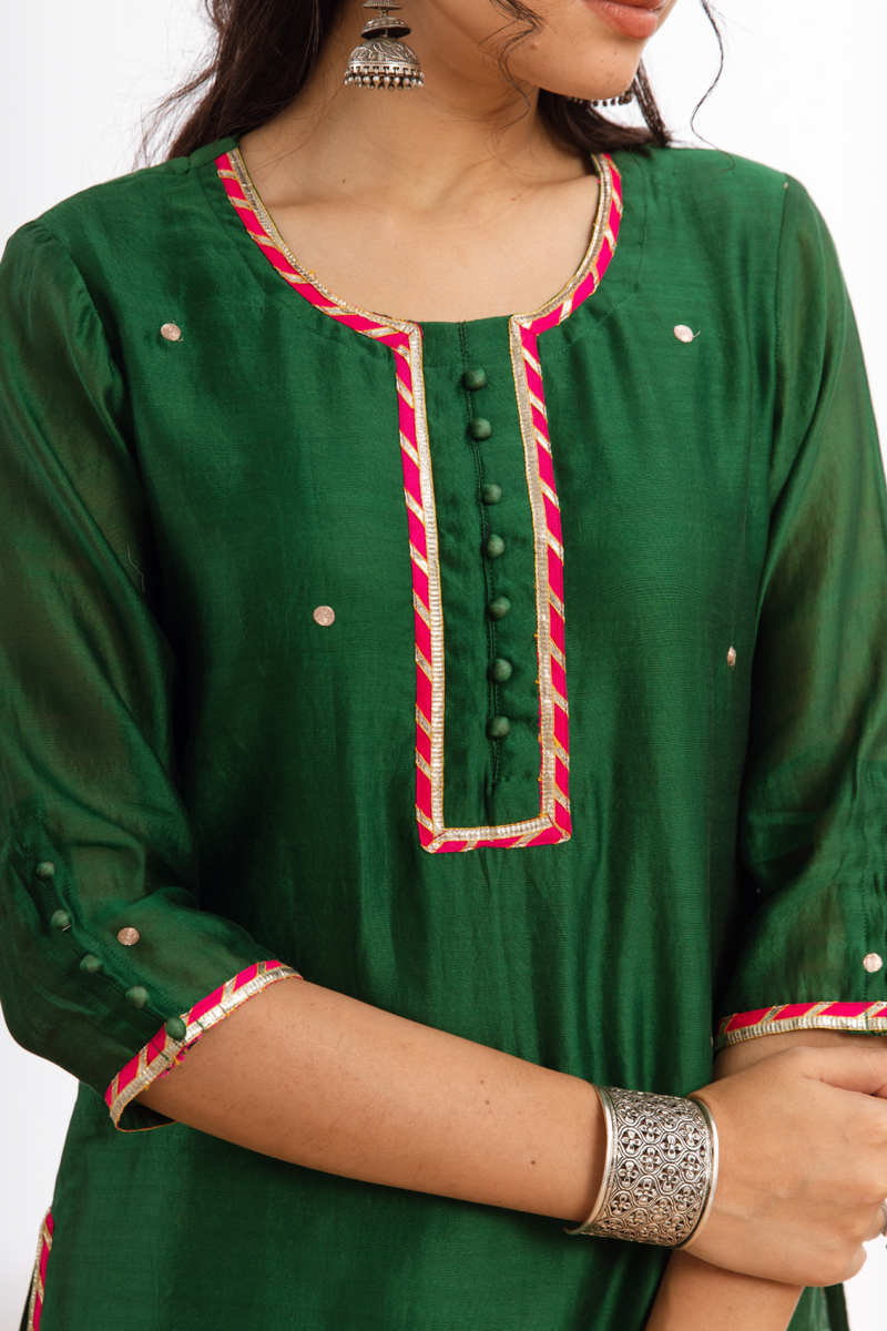 Rasika Harita Sharara Set - green hand block printed chanderi sharara set chanderi by Maison Shefali in green color for women Worldwide