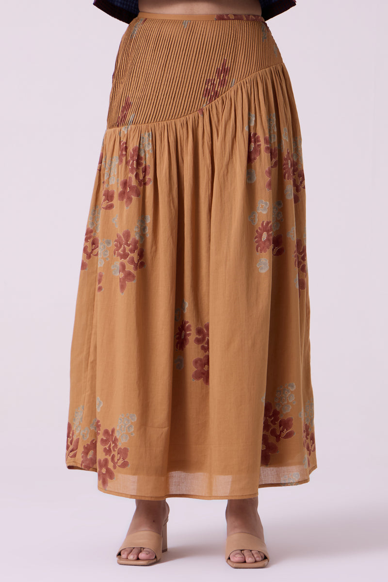 Kaika Floral Hand Printed Maxi Skirt hand block printed cotton mul skirt by The Summer House in brown for women Worldwide