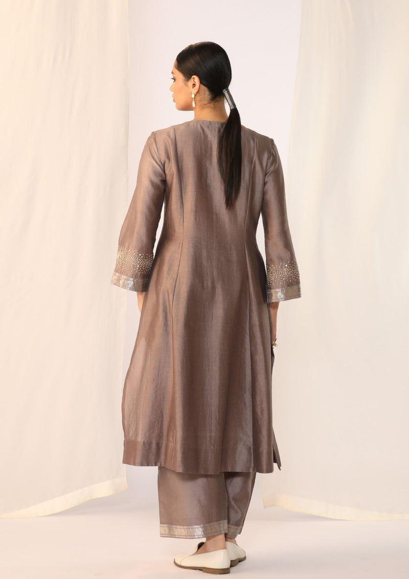 Silk chanderi kurta with french knot embroidery chanderi by Myoho in grey color for women Worldwide