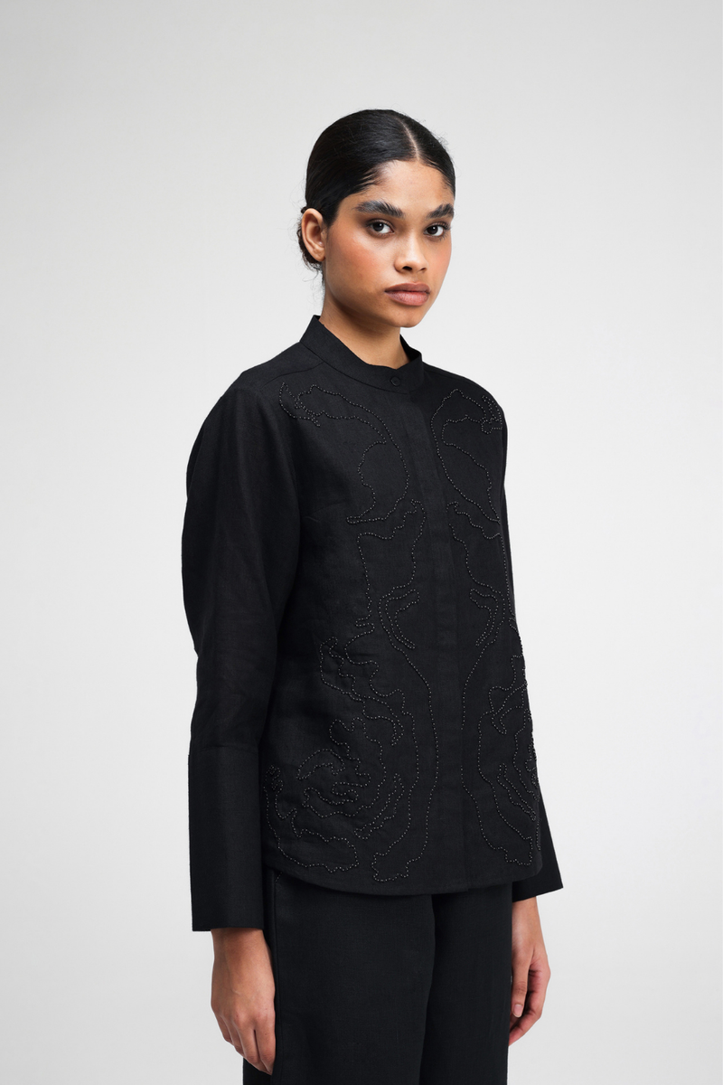 Sarna Hand Embroidered Shirt linen by Turn Black in black color for women Worldwide
