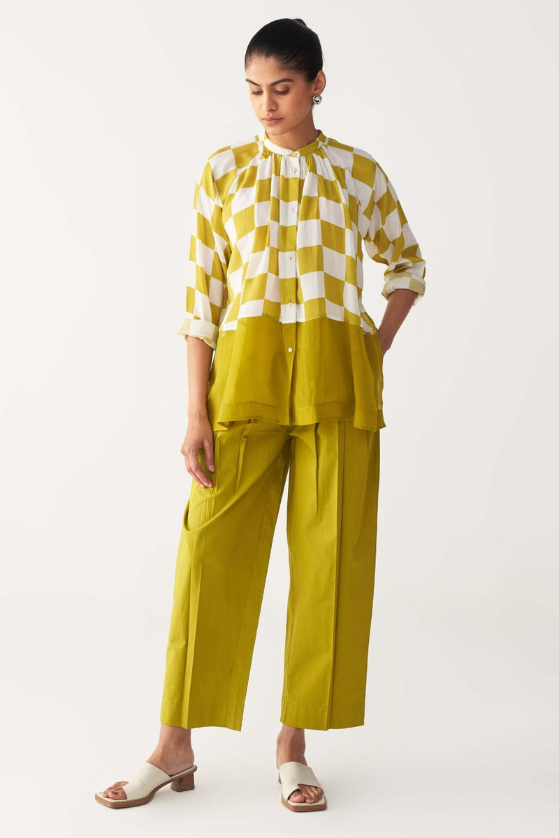 CHECKERED PEASANT TOP CO-ORD-LIME silk by THREE for women Worldwide