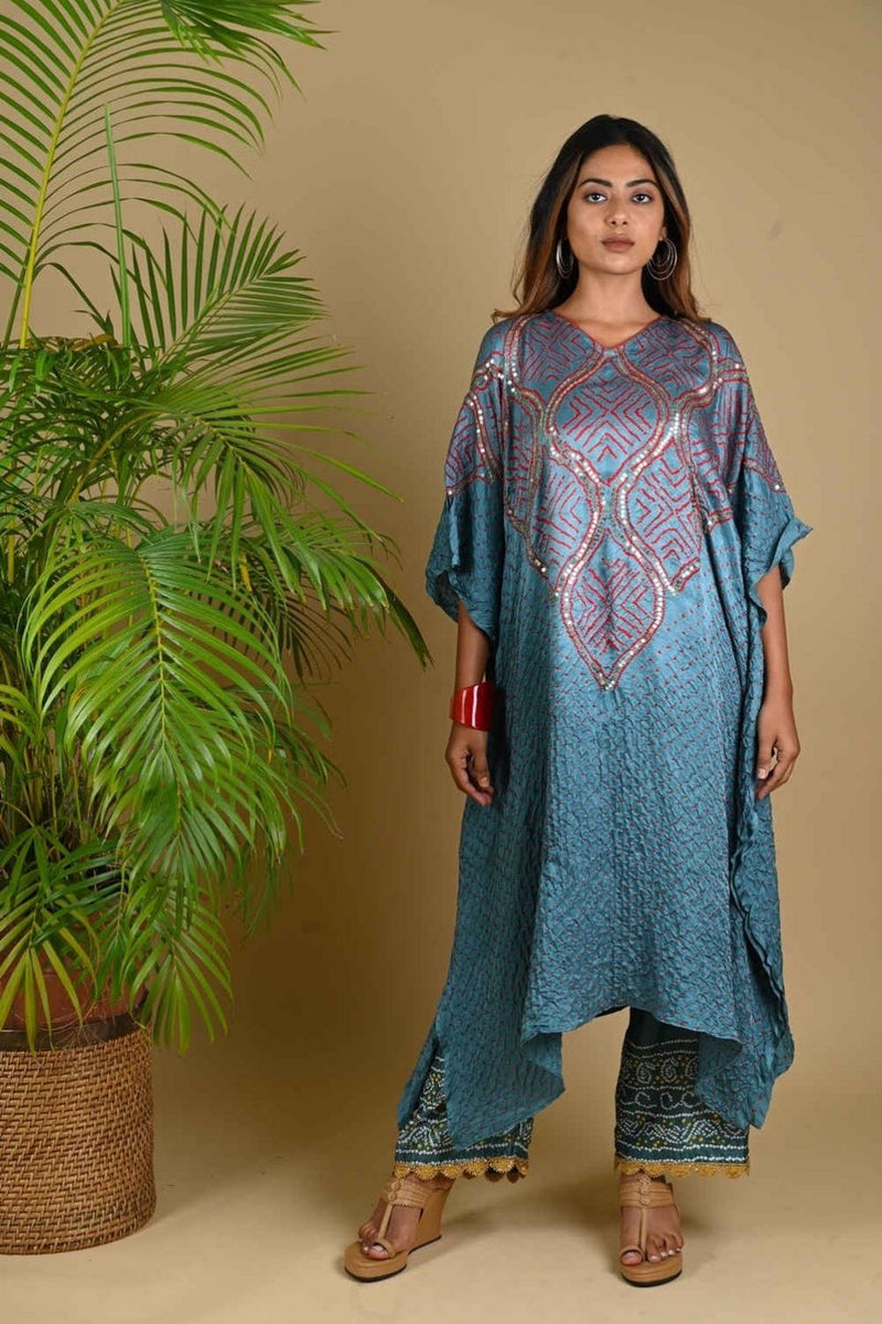 WAVE SEQUENCE KAFTAN-GREY silk by Dyelogue in grey color for women Worldwide