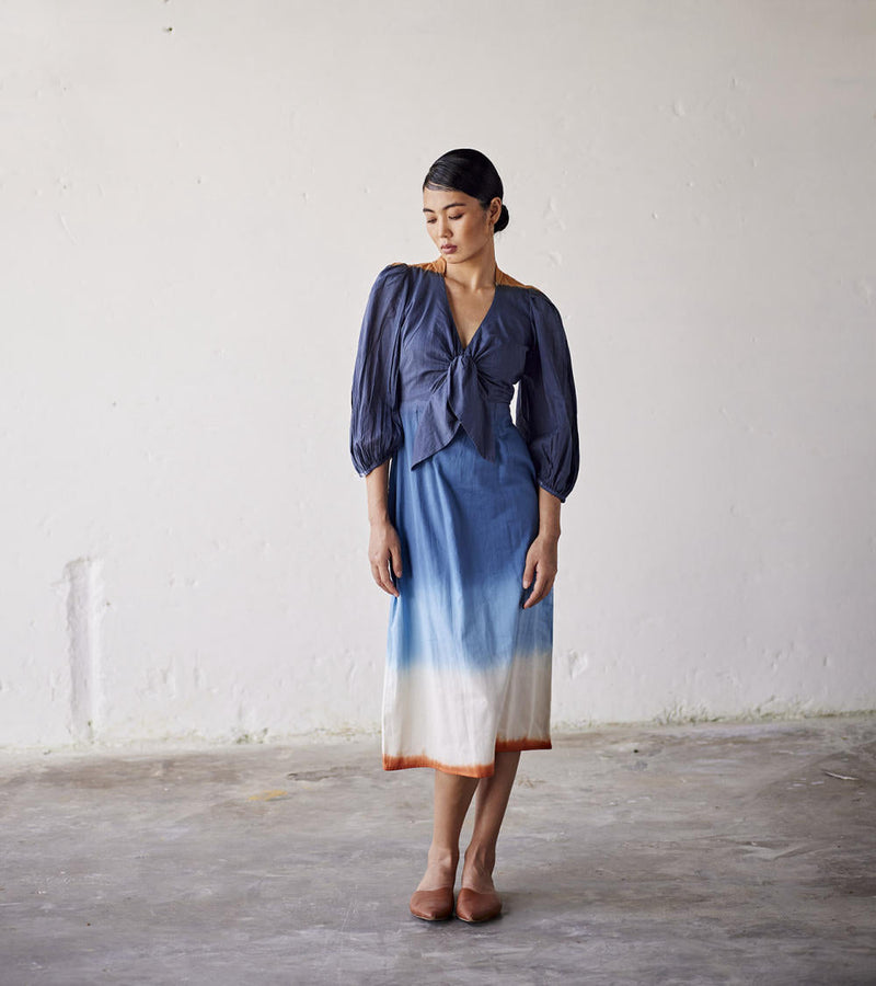 Hop Scotch Dress cotton Dresses by Khara Kapas in blue for women Worldwide