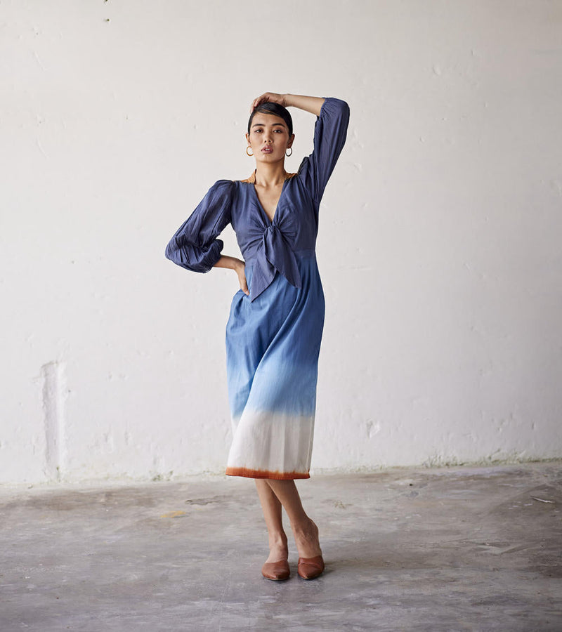 Hop Scotch Dress cotton Dresses by Khara Kapas in blue for women Worldwide