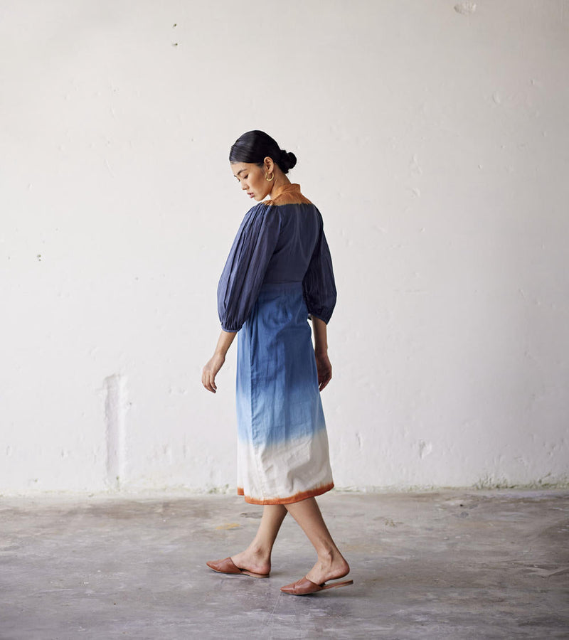 Hop Scotch Dress cotton Dresses by Khara Kapas in blue for women Worldwide
