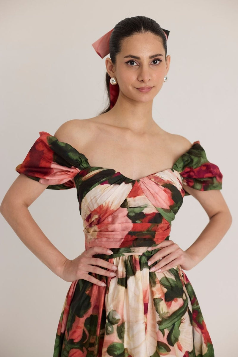 SCARLETT PUFF SLEEVE DRESS satin by Yam in multi color for women Worldwide