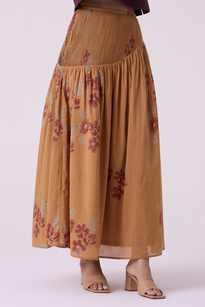 Kaika Floral Hand Printed Maxi Skirt hand block printed cotton mul skirt by The Summer House in brown for women Worldwide