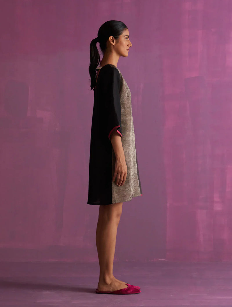 Ahana Metallic Linen Dress - Black linen by Manan in black color for women Worldwide