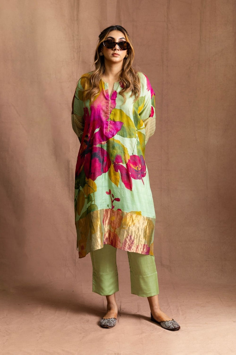 Floral Tussore Tunic Set-Mint Floral silk by Sabo by Sabina for women Worldwide