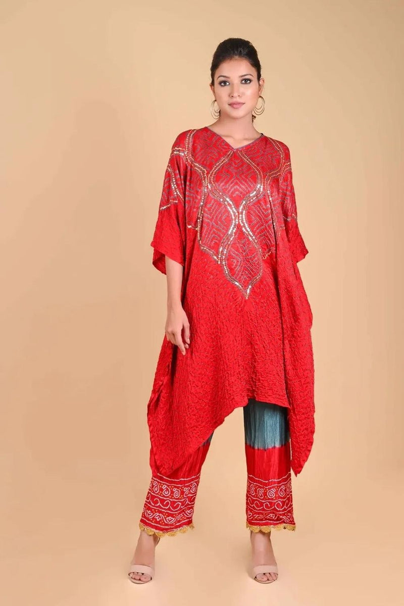 BANDHANI PANTS-GREY AND RED silk by Dyelogue in multi color for women Worldwide