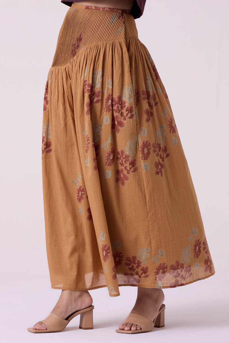 Kaika Floral Hand Printed Maxi Skirt hand block printed cotton mul skirt by The Summer House in brown for women Worldwide