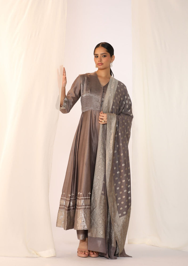Chanderi silk kurta with duppata and pants chanderi by Myoho in grey color for women Worldwide