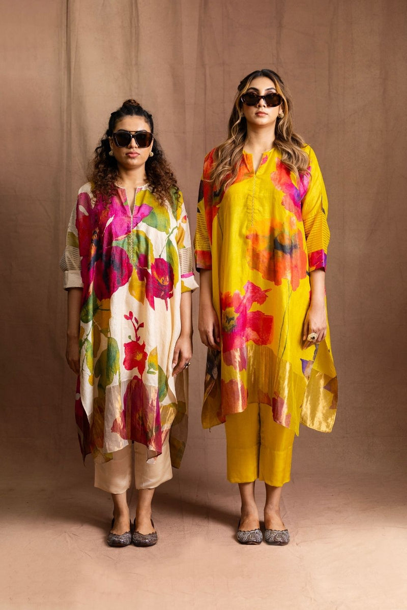 Floral Tussore Tunic Set-Ivory Floral silk by Sabo by Sabina for women Worldwide
