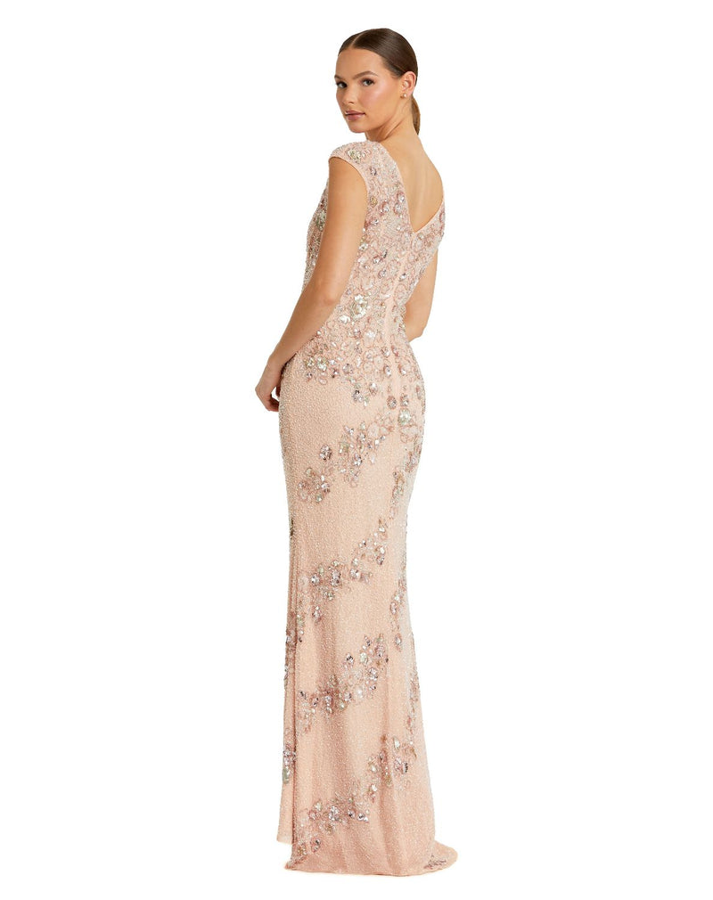 5500 - Pink Floral Embellished Cap Sleeve Column Gown by Mac Duggal in pink color for women Worldwide