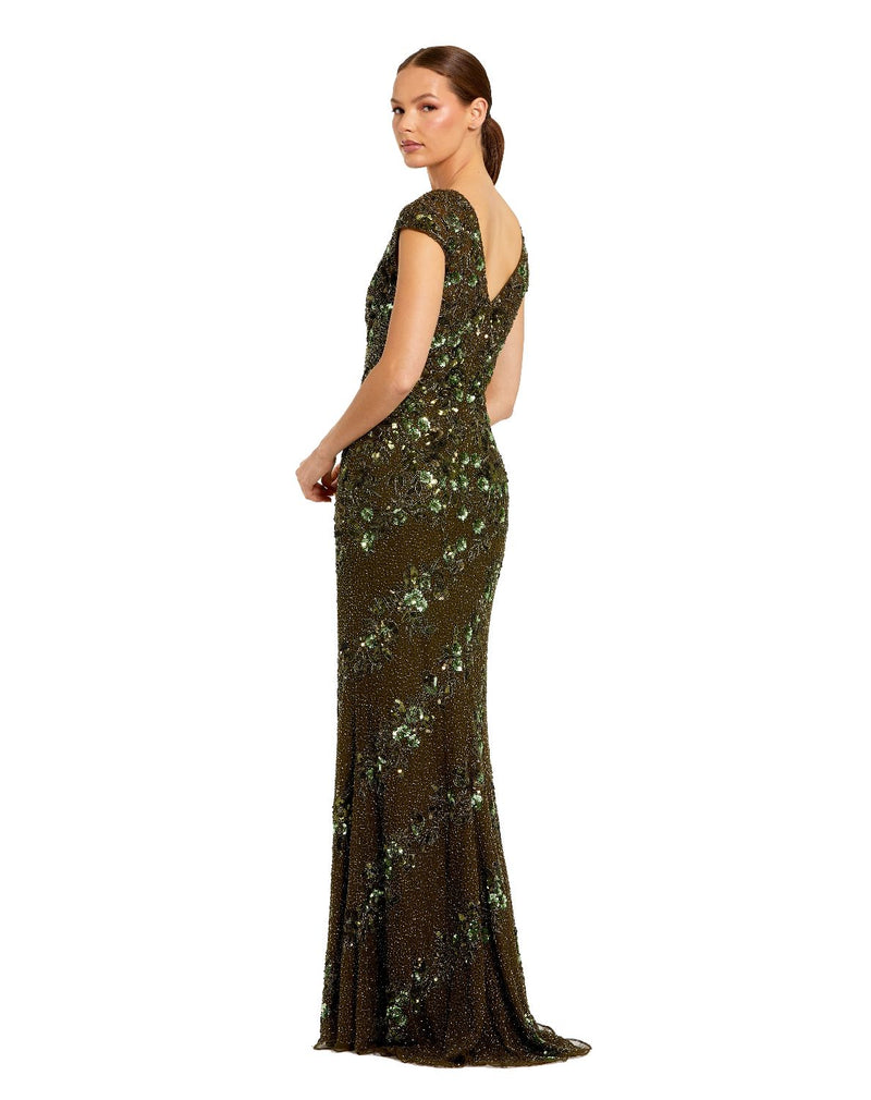 5500 - Green Floral Embellished Cap Sleeve Column Gown by Mac Duggal in green color for women Worldwide