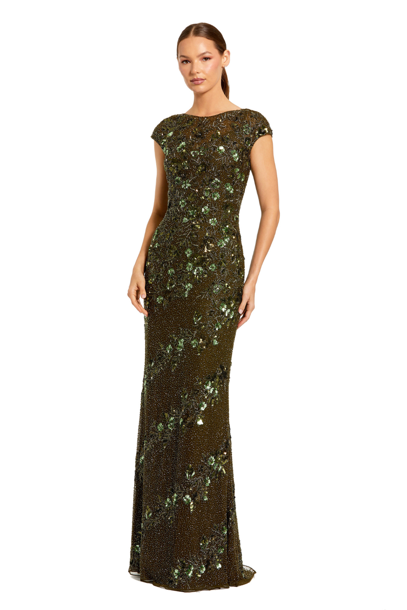 5500 - Green Floral Embellished Cap Sleeve Column Gown by Mac Duggal in green color for women Worldwide