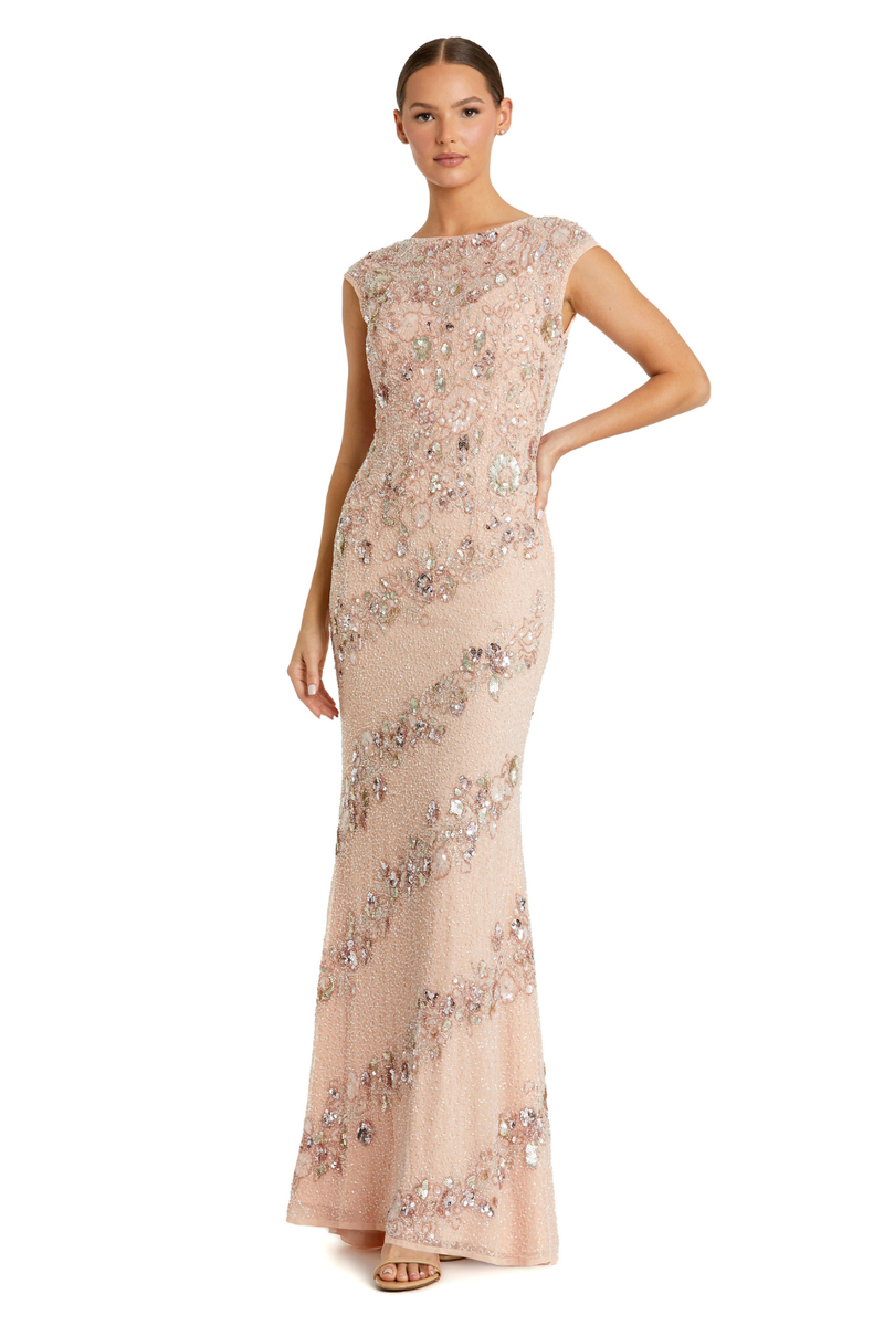 5500 - Pink Floral Embellished Cap Sleeve Column Gown by Mac Duggal in pink color for women Worldwide