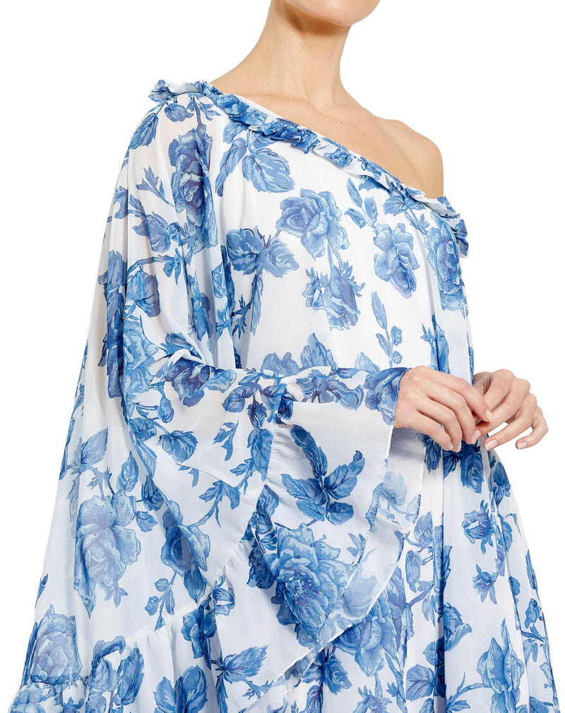 MD-55073 One Shoulder Printed Dress-Blue chiffon by Mac Duggal in blue color for women Worldwide