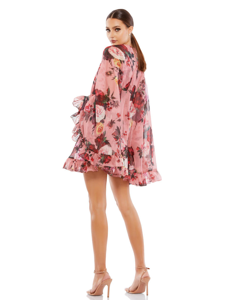 55404-Floral Print High Neck Ruffle Hem Cape Mini Dress chiffon by Mac Duggal in multi color for women Worldwide