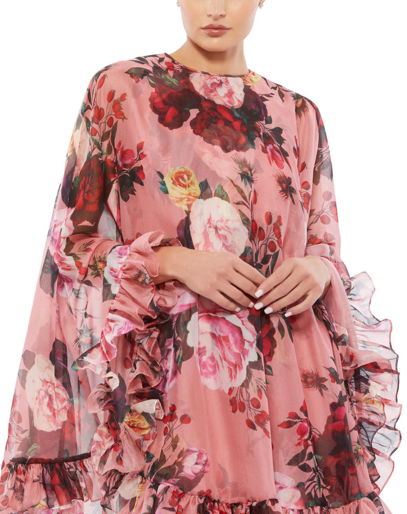 55404-Floral Print High Neck Ruffle Hem Cape Mini Dress chiffon by Mac Duggal in multi color for women Worldwide