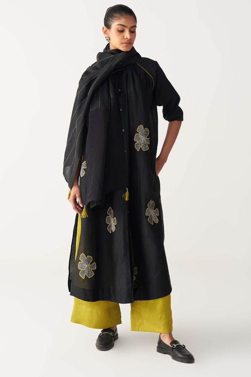 FLORAL EMB. GATHER NECK SHIRT CO-ORD (SET OF 3)-BLACK & LIME chanderi by THREE in black color for women Worldwide