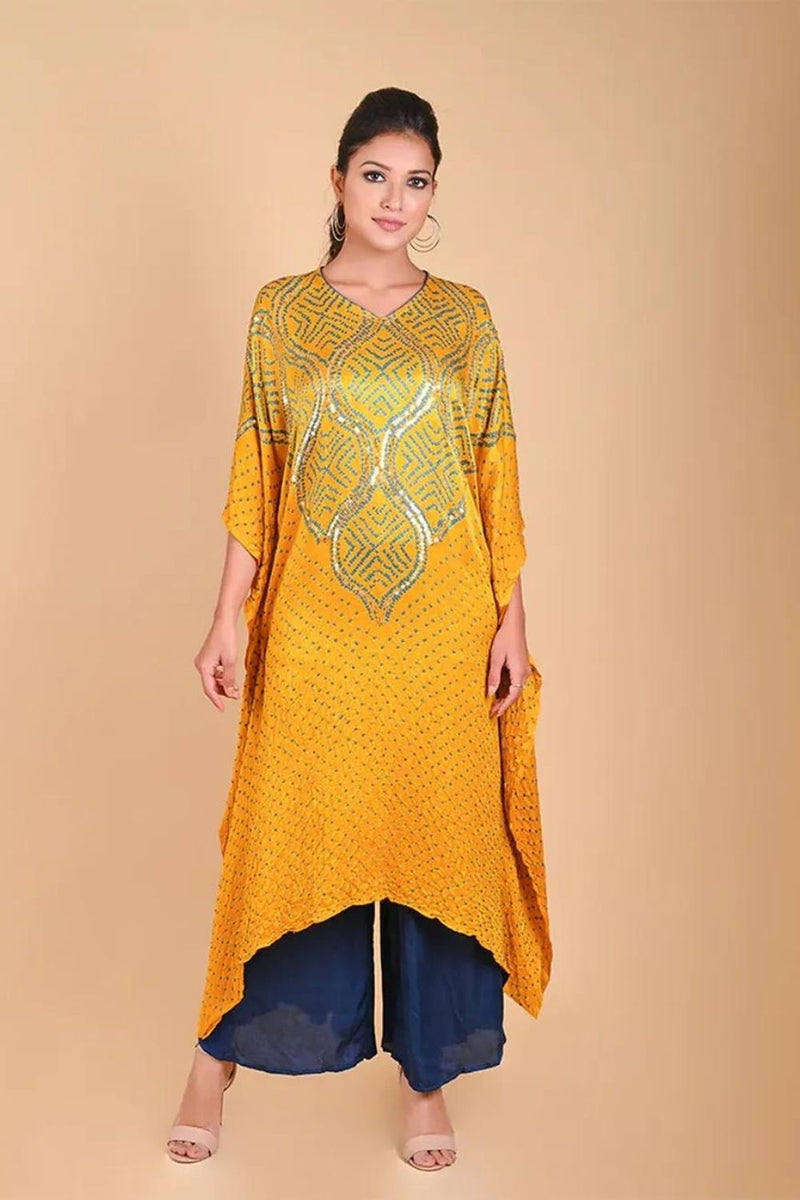 WAVE SEQUENCE KAFTAN-YELLOW silk by Dyelogue in yellow color for women Worldwide