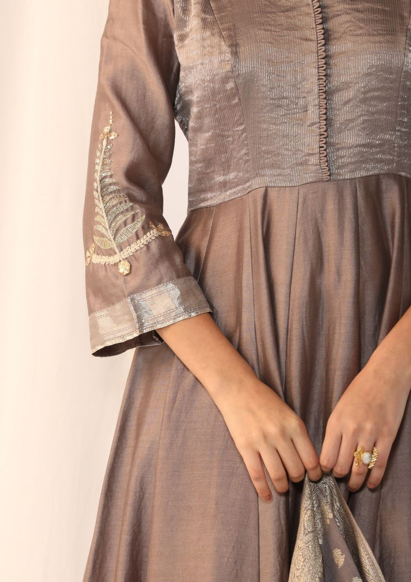 Chanderi silk kurta with duppata and pants chanderi by Myoho in grey color for women Worldwide