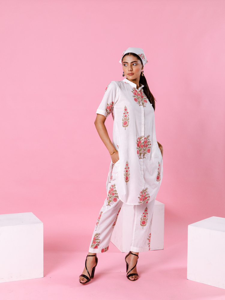 Pink Dahlia Co-Ord Set Co-ord Set by Marche in white color for women Worldwide