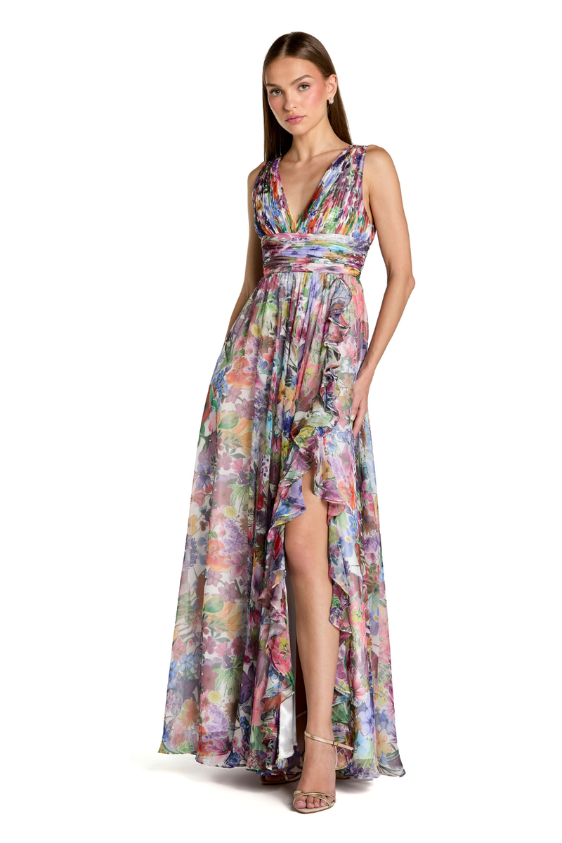 56119 - Multi Sleeveless Pleated Floral Print Chiffon V-Neck Gown chiffon by Mac Duggal in multi color for women Worldwide
