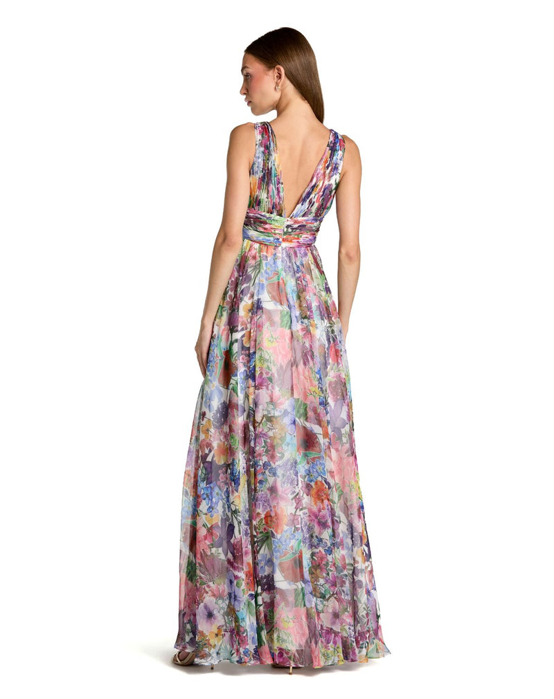 56119 - Multi Sleeveless Pleated Floral Print Chiffon V-Neck Gown chiffon by Mac Duggal in multi color for women Worldwide