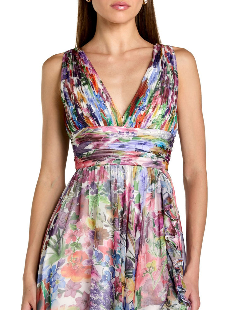 56119 - Multi Sleeveless Pleated Floral Print Chiffon V-Neck Gown chiffon by Mac Duggal in multi color for women Worldwide