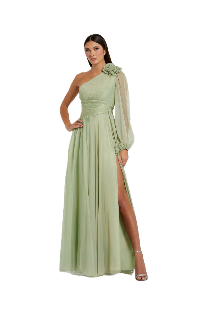 56142 - Green One Shoulder 3D Flower Gown With Slit polyester evening gowns by Mac Duggal in green for women Worldwide
