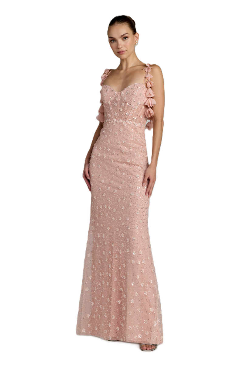 56259 - Pink Sweetheart Neck Embellished Gown With Floral Detail by Mac Duggal in pink color for women Worldwide