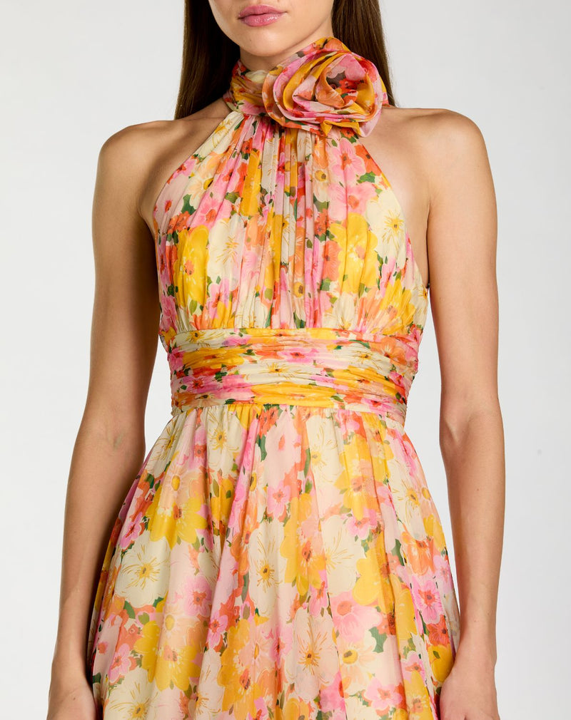 56348 - Multicolor Floral Halter Neck Midi Dress With 3D Flower polyester cocktail/party dress by Mac Duggal in multi - color for women Worldwide