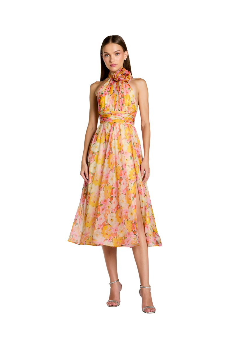 56348 - Multicolor Floral Halter Neck Midi Dress With 3D Flower polyester cocktail/party dress by Mac Duggal in multi - color for women Worldwide
