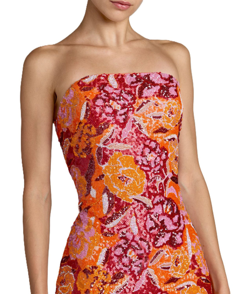 56385 - Orange Strapless Sequin Dress With Floral Detail by Mac Duggal in orange color for women Worldwide