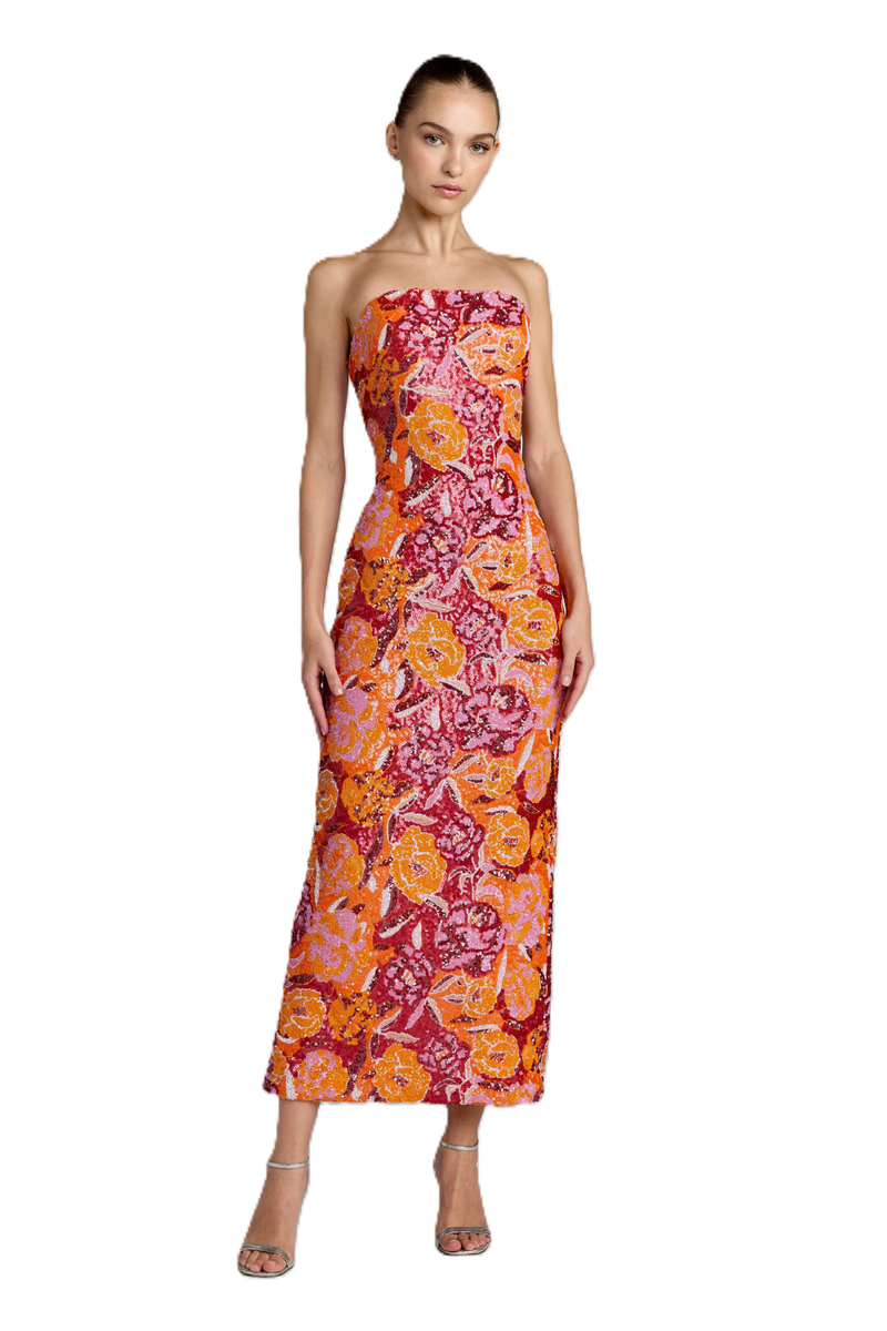 56385 - Orange Strapless Sequin Dress With Floral Detail by Mac Duggal in orange color for women Worldwide
