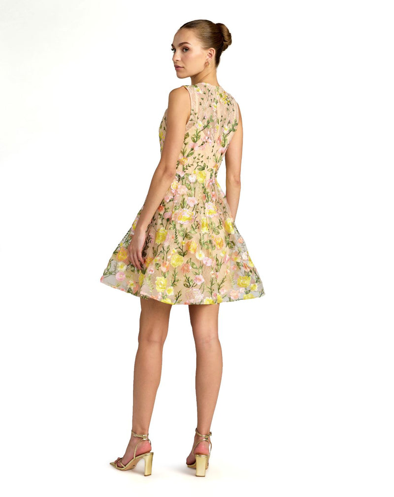 56409 - Yellow Floral Embroidered Sleeveless A-Line Mini Dress polyester cocktail/party dress by Mac Duggal in yellow for women Worldwide
