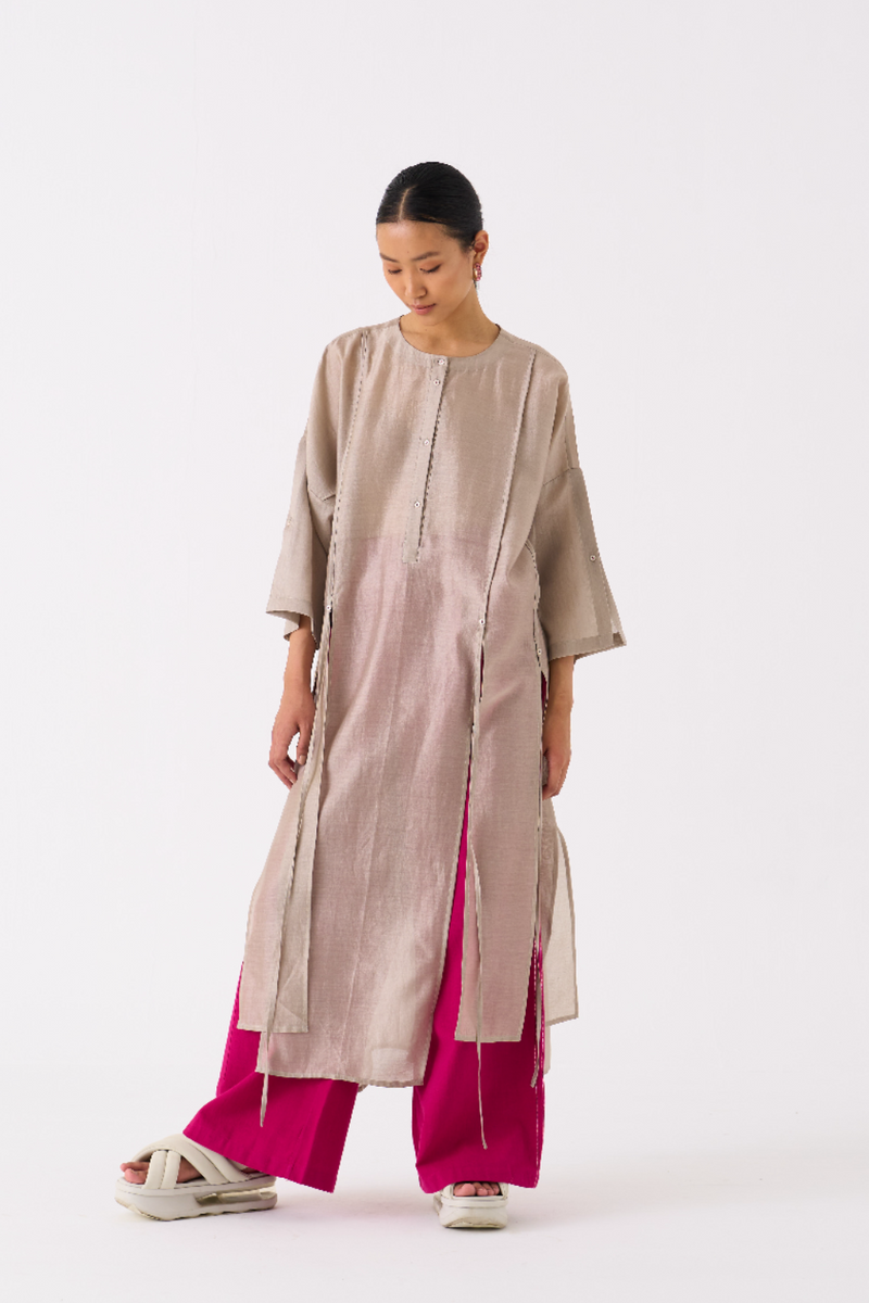 PANELLED TUNIC-ASH GREY chanderi by THREE in grey color for women Worldwide