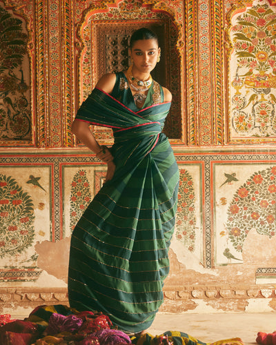 Khel Teal Green Stripe Saree With Waistcoat Blouse