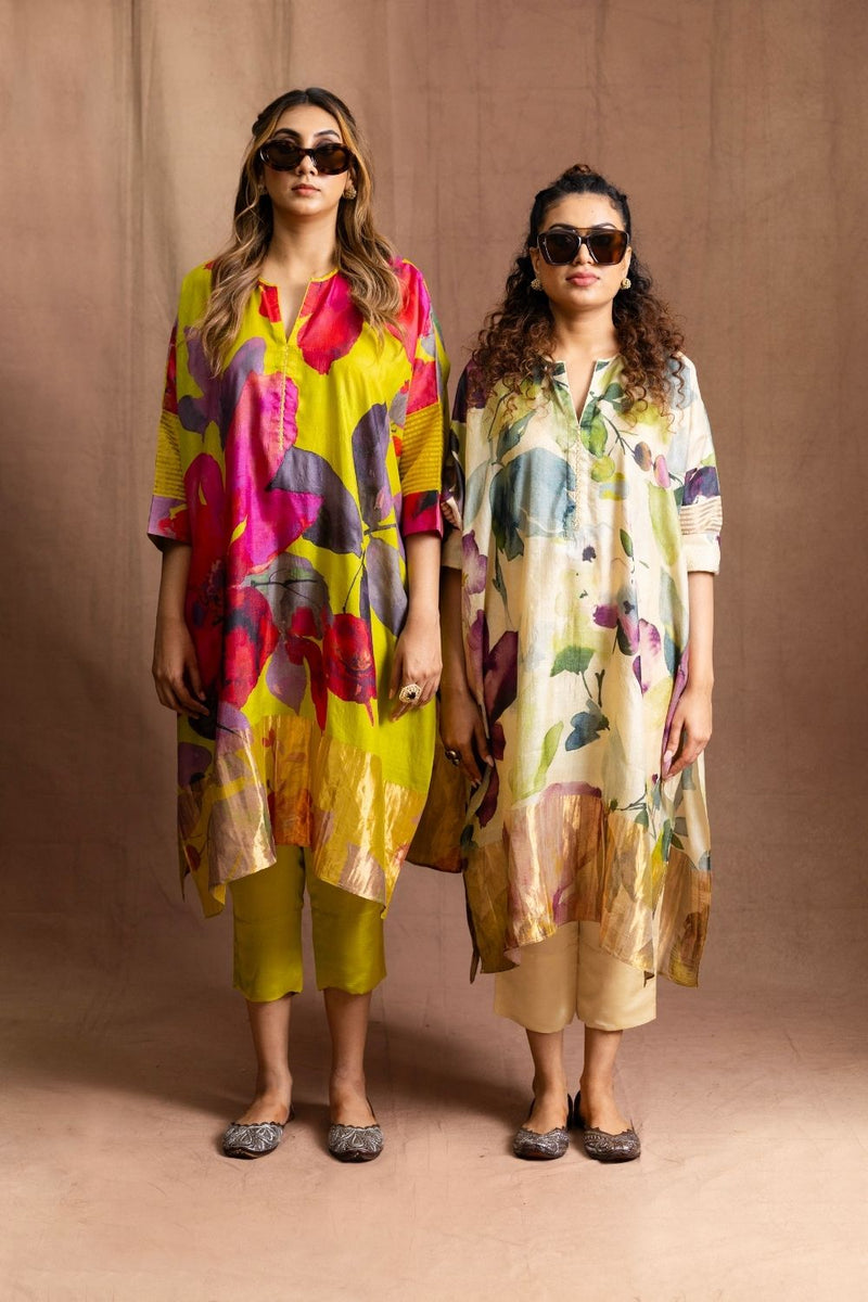 Floral Tussore Tunic Set-Citrus Yellow Floral silk by Sabo by Sabina for women Worldwide