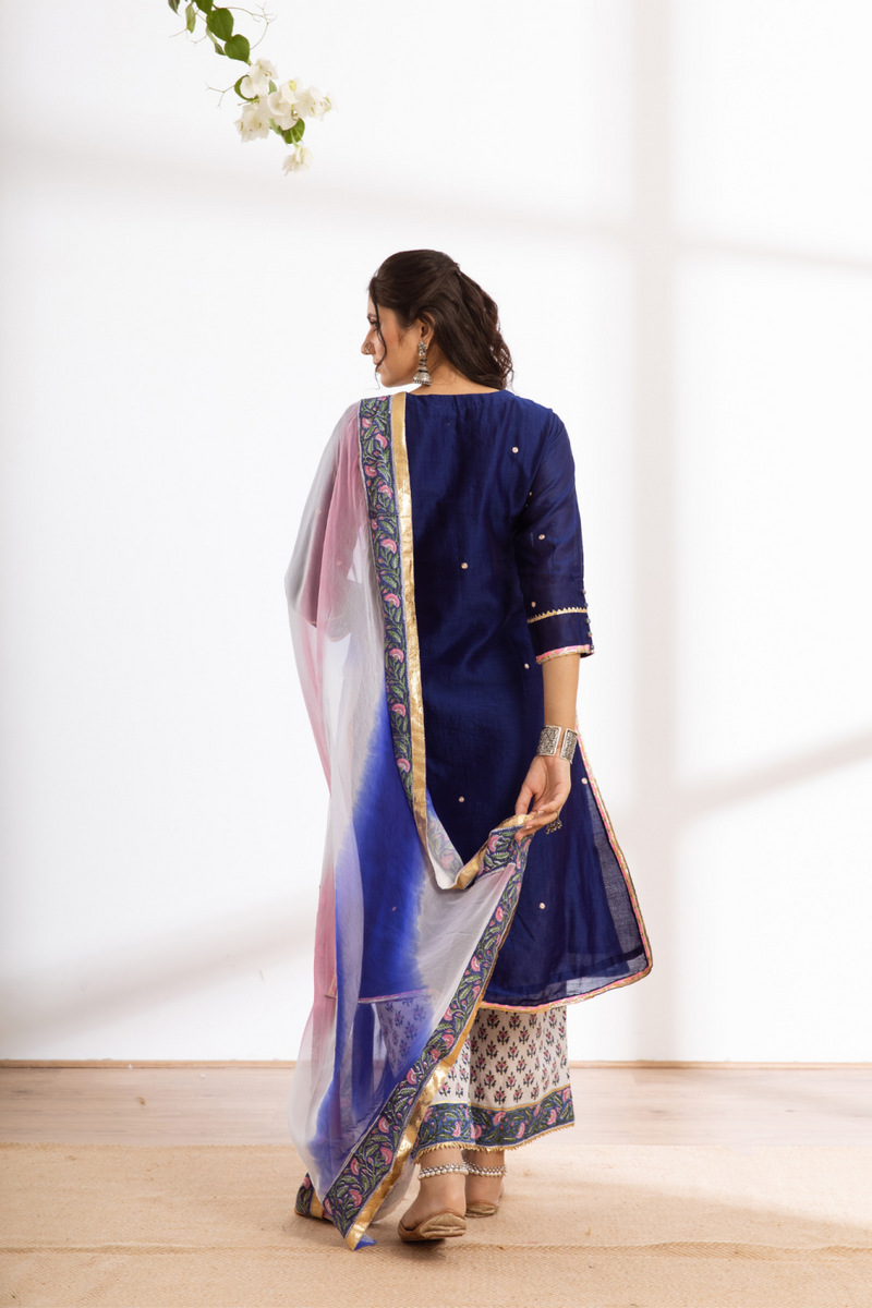 Rasika Neel Kurta Set - blue hand block printed chanderi kurta set chanderi by Maison Shefali in blue color for women Worldwide