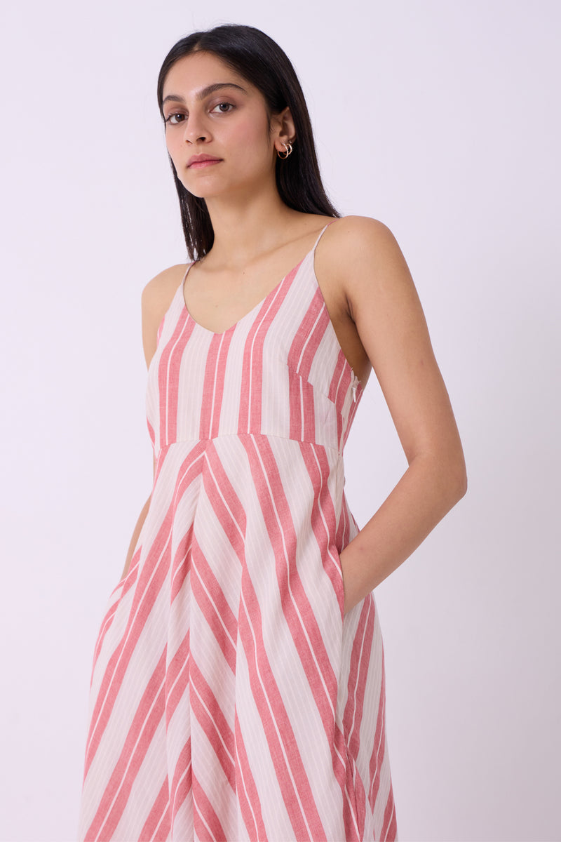 Ritsu Red Striped Handwoven Maxi Dress handwoven cotton dress by The Summer House in red for women Worldwide