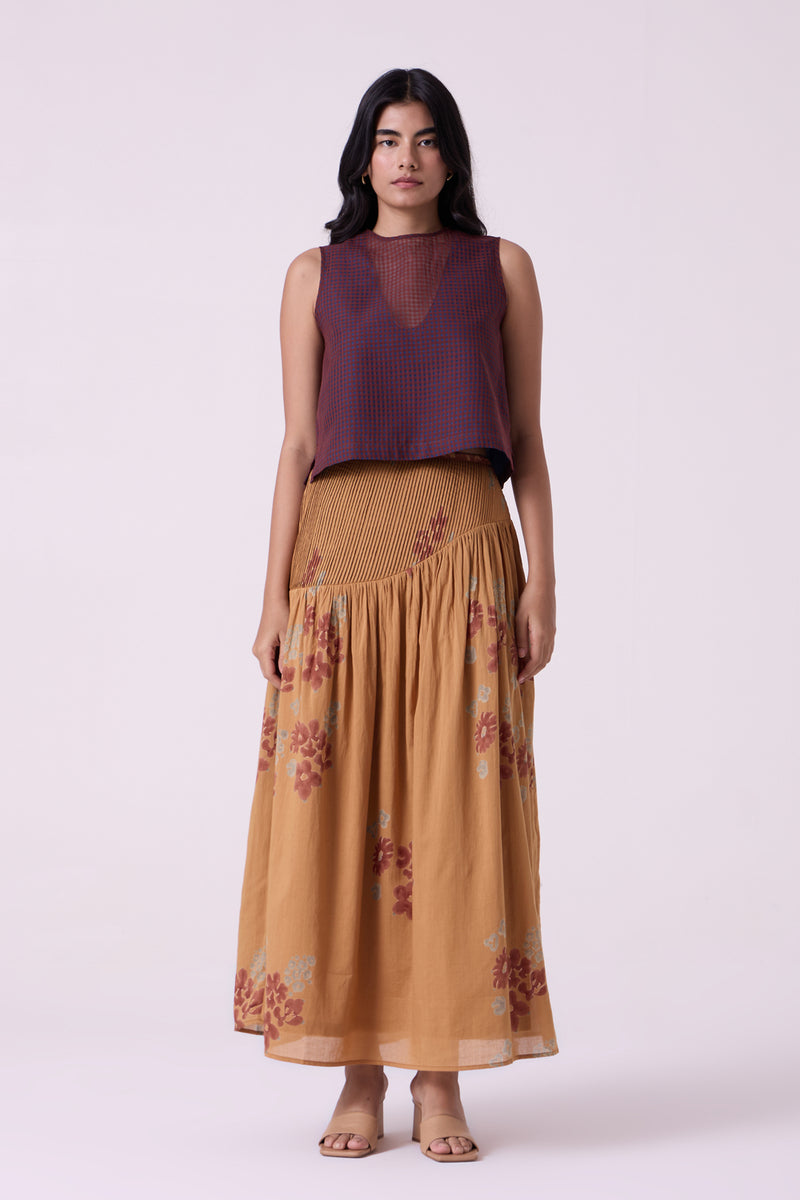 Kaika Floral Hand Printed Maxi Skirt hand block printed cotton mul skirt by The Summer House in brown for women Worldwide