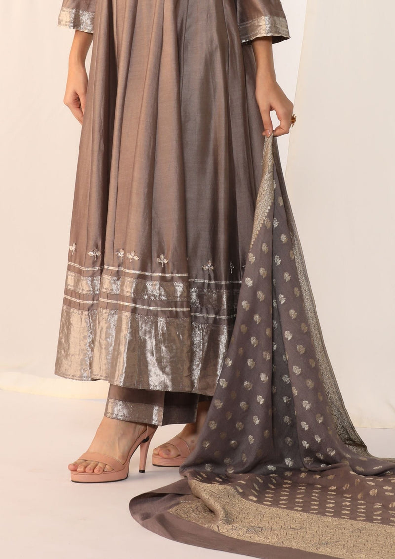 Chanderi silk kurta with duppata and pants chanderi by Myoho in grey color for women Worldwide