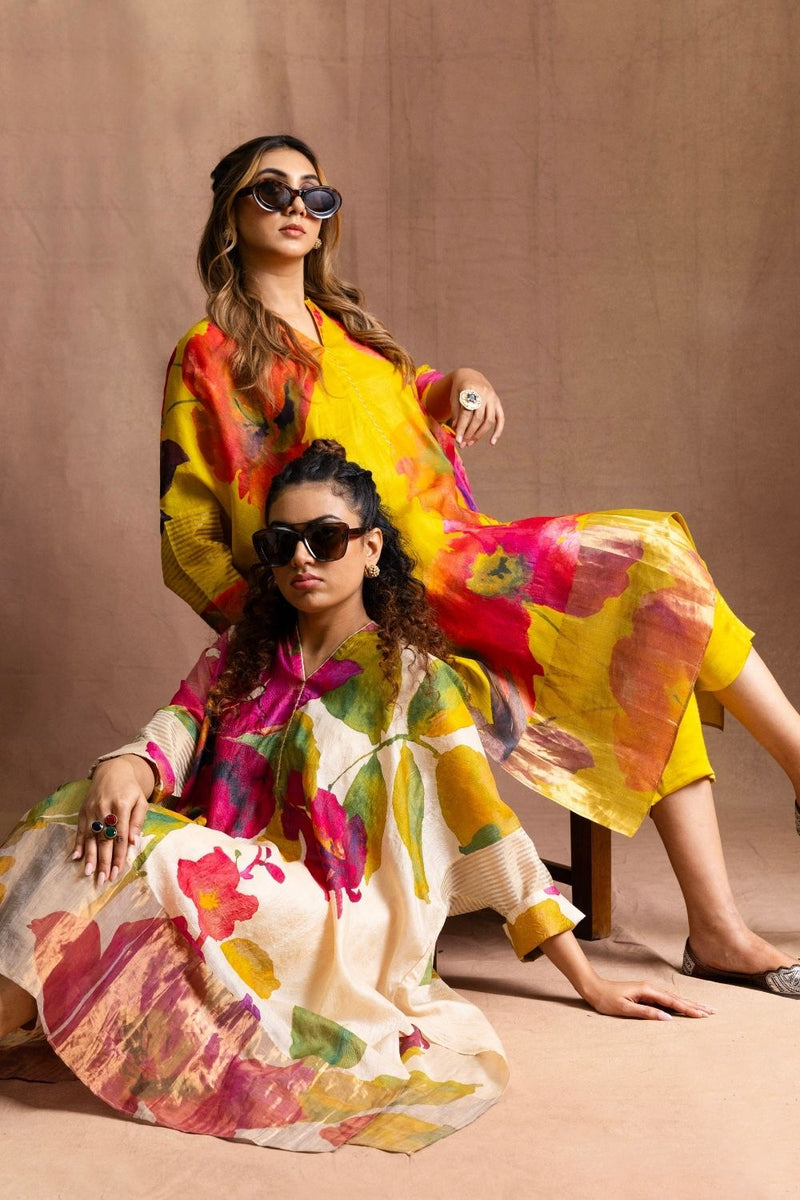Floral Tussore Tunic Set-Ivory Floral silk by Sabo by Sabina for women Worldwide