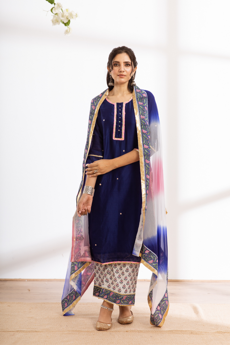 Rasika Neel Kurta Set - blue hand block printed chanderi kurta set chanderi by Maison Shefali in blue color for women Worldwide