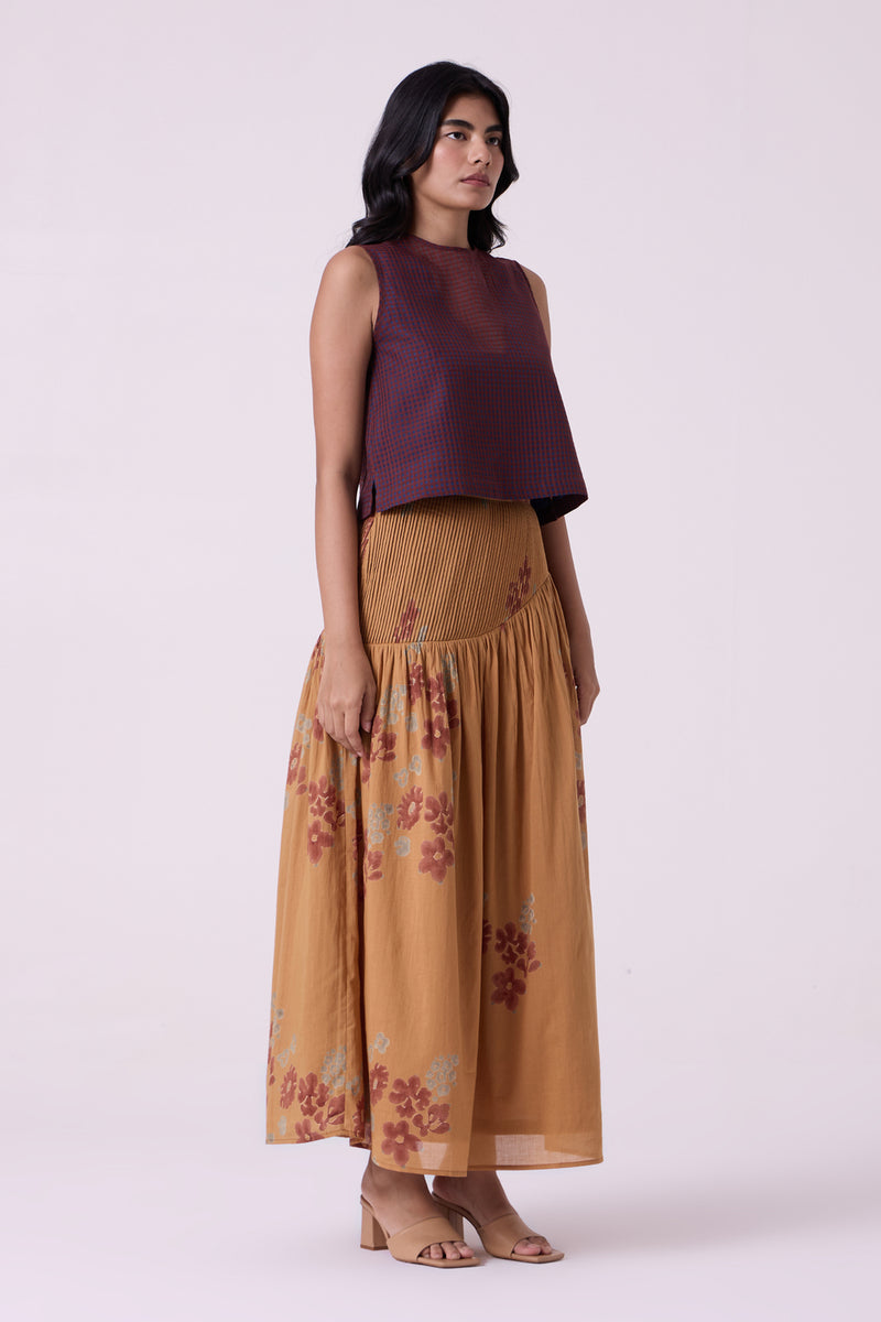 Kaika Floral Hand Printed Maxi Skirt hand block printed cotton mul skirt by The Summer House in brown for women Worldwide